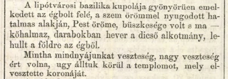 A lipótvárosi bazilika kupolájának beomlásáról szóló hír az 1868-as Pécsi Lapokban