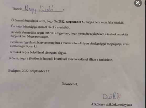 Ilyen levelet írt a diákönkormányzat a megfenyegetett tanároknak