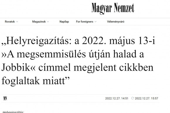 Helyreigazításokat közölt a Magyar Nemzet a Jobbikról