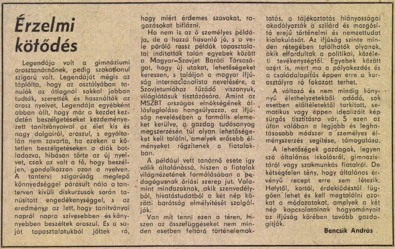 Bencsik András Érzelmi kötődés című cikke az 1986. október 17-i számában