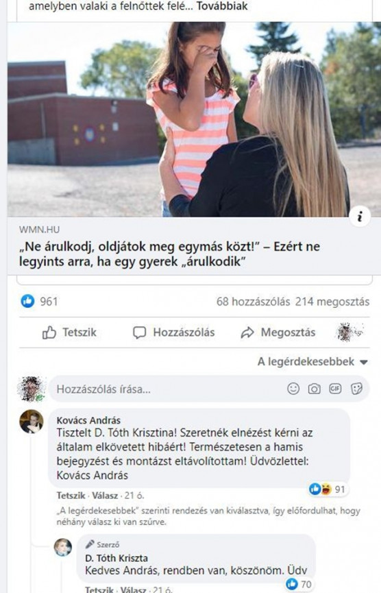 Bocsánatot kért D. Tóth Krisztától a téves képpel propagandistázó origós