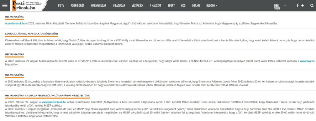 Egyszerre hat helyreigazítást közölt a kormánypárti Pesti Srácok